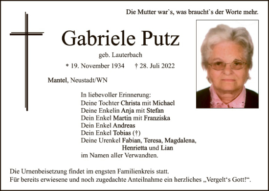 Traueranzeige von Gabriele Putz von Hauptausgabe Weiden