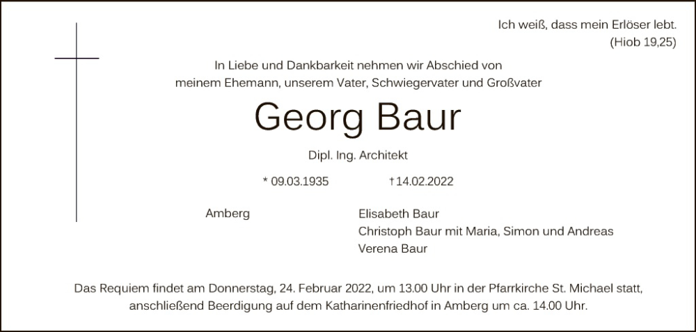  Traueranzeige für Georg Baur vom 19.02.2022 aus Hauptausgabe Amberg