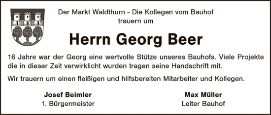 Traueranzeige von Georg Beer von Hauptausgabe Weiden