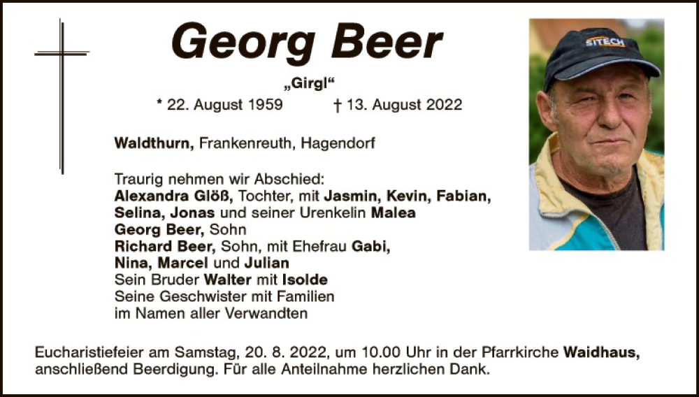  Traueranzeige für Georg Beer vom 17.08.2022 aus Hauptausgabe Weiden