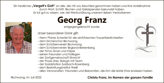 Traueranzeige von Georg Franz von Hauptausgabe Amberg