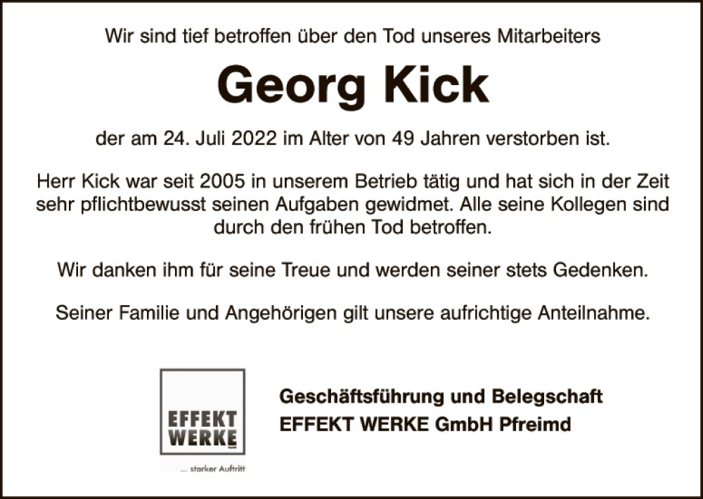  Traueranzeige für Georg Kick vom 30.07.2022 aus Landkreis Schwandorf