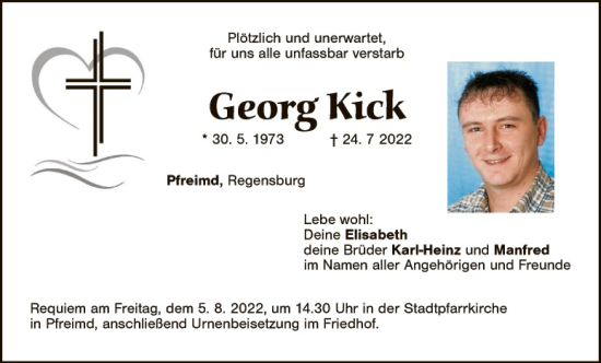Traueranzeige von Georg Kick von Landkreis Schwandorf
