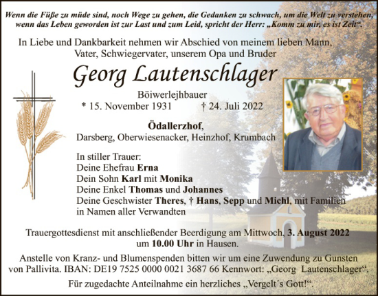 Traueranzeige von Georg Lautenschlager von Hauptausgabe Amberg