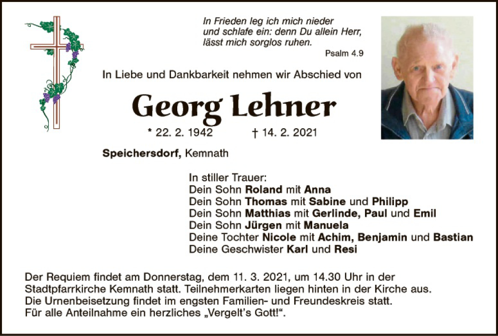  Traueranzeige für Georg Lehner vom 09.03.2021 aus Tirschenreuth + Eschenbach - Kemnath - Erbendorf