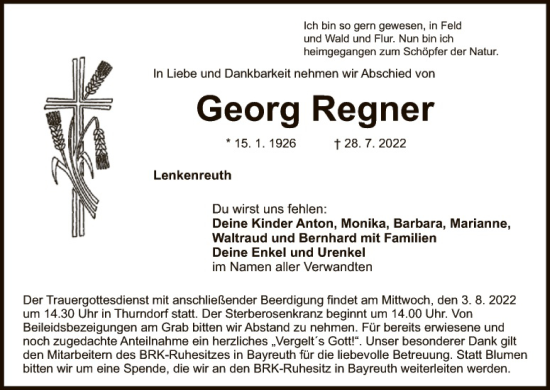 Traueranzeige von Georg Regner von Eschenbach - Kemnath - Erbendorf + Sulzbach - Rosenberger Zeitung