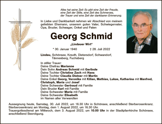 Traueranzeige von Georg Schmid von Landkreis Schwandorf und Vohenstrauß