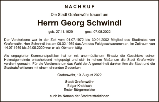 Traueranzeige von Georg Schwindl von Eschenbach - Kemnath - Erbendorf