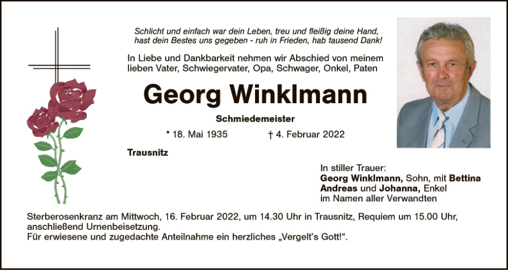  Traueranzeige für Georg Winklmann vom 12.02.2022 aus Landkreis Schwandorf
