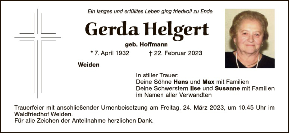  Traueranzeige für Gerda Helgert vom 18.03.2023 aus Hauptausgabe Weiden