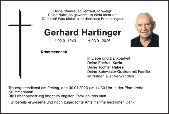 Traueranzeige von Gerhard Hartinger von Hauptausgabe Weiden
