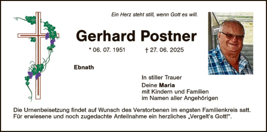 Traueranzeige von Gerhard Postner von Tirschenreuth + Eschenbach - Kemnath - Erbendorf