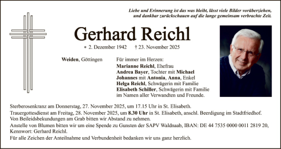 Traueranzeige von Gerhard Reichl von Hauptausgabe Weiden