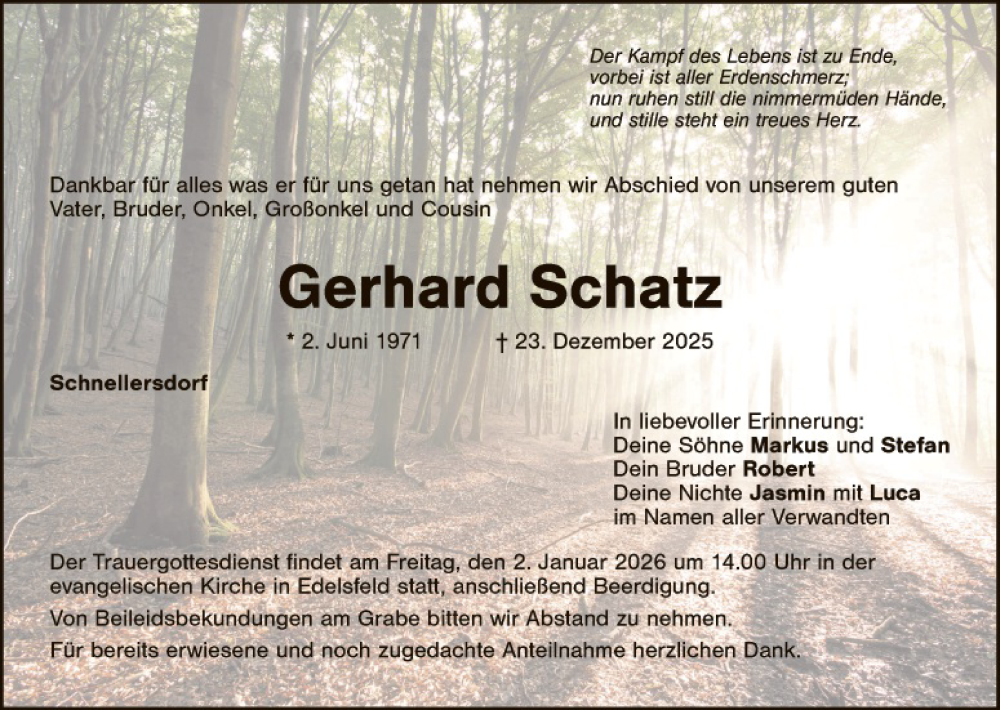  Traueranzeige für Gerhard Schatz vom 30.12.2025 aus Eschenbach - Kemnath - Erbendorf + Sulzbach - Rosenberger Zeitung