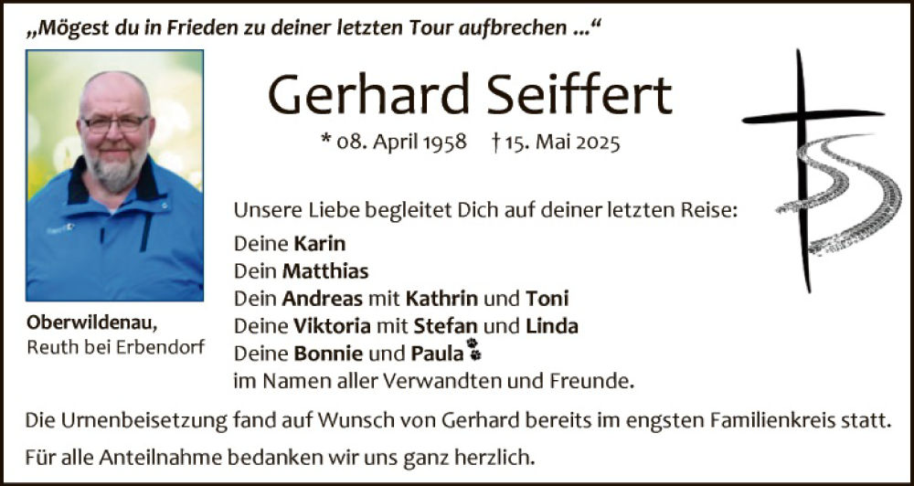  Traueranzeige für Gerhard Seiffert vom 24.05.2025 aus Hauptausgabe Weiden