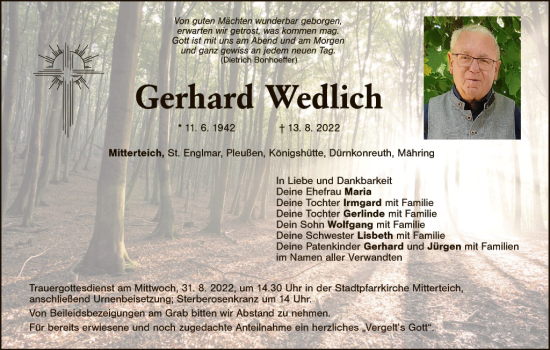 Traueranzeige von Gerhard Wedlich von Tirschenreuth + Eschenbach - Kemnath - Erbendorf
