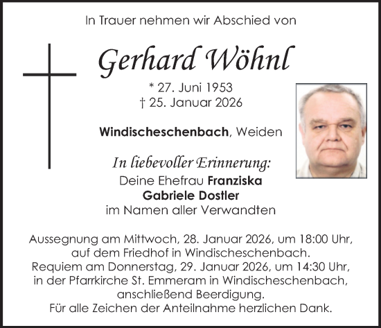 Traueranzeige von Gerhard Wöhnl von Hauptausgabe Weiden
