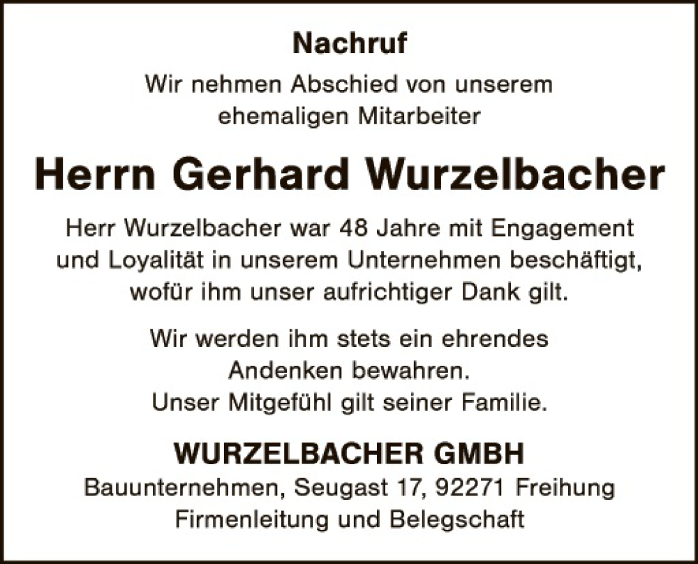  Traueranzeige für Gerhard Wurzelbacher vom 06.08.2025 aus Hauptausgabe Amberg