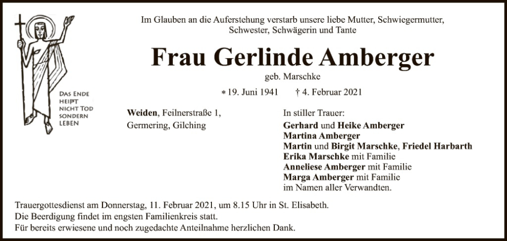  Traueranzeige für Gerlinde Amberger vom 09.02.2021 aus Hauptausgabe Weiden