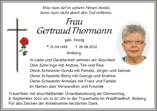 Traueranzeige von Gertraud Thormann von Hauptausgabe Amberg