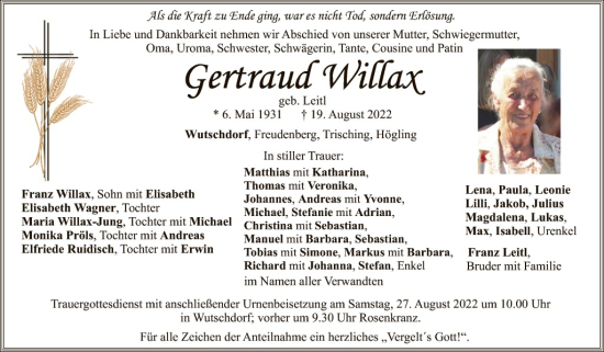 Traueranzeige von Gertraud Willax von Hauptausgabe Amberg