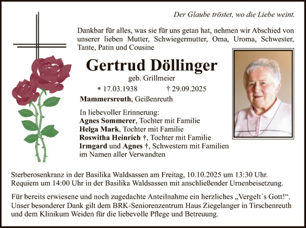  Traueranzeige für Gertrud Döllinger vom 04.10.2025 aus Tirschenreuth + Eschenbach - Kemnath - Erbendorf