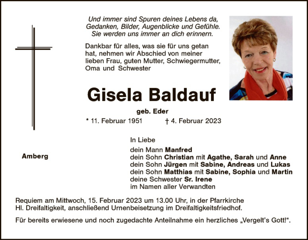  Traueranzeige für Gisela Baldauf vom 11.02.2023 aus Hauptausgabe Amberg