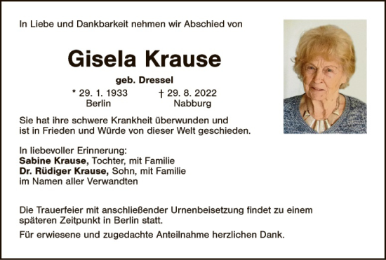 Traueranzeige von Gisela Krause von Landkreis Schwandorf