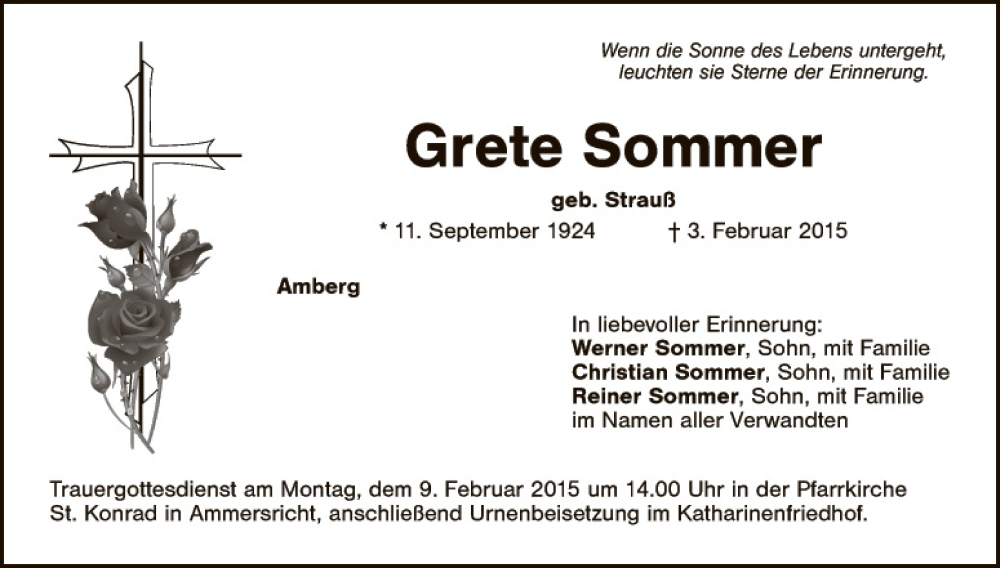  Traueranzeige für Grete Sommer vom 06.02.2015 aus Hauptausgabe Amberg