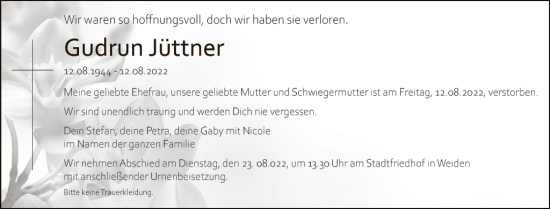 Traueranzeige von Gudrun Jüttner von Hauptausgabe Weiden