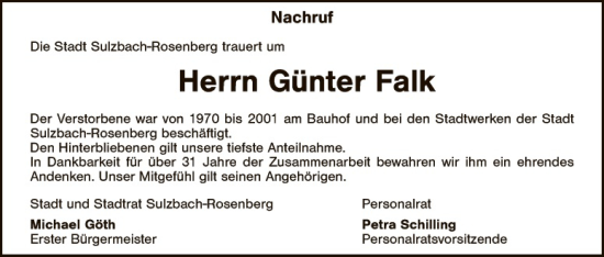 Traueranzeige von Günter Falk von Hauptausgabe Amberg