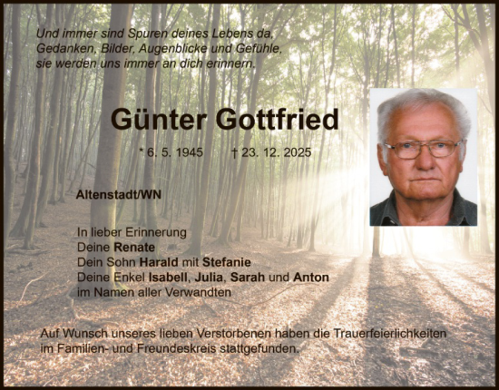 Traueranzeige von Günter Gottfried von Hauptausgabe Weiden
