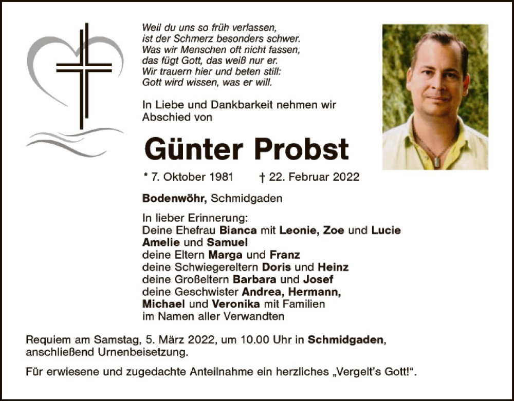  Traueranzeige für Günter Probst vom 01.03.2022 aus Landkreis Schwandorf