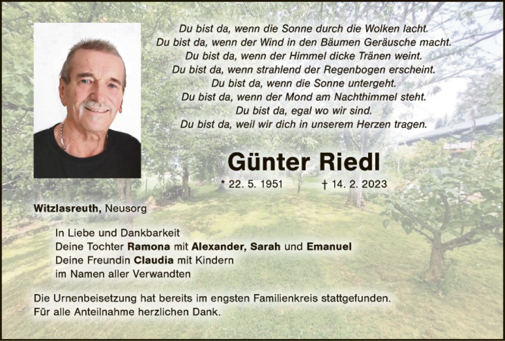  Traueranzeige für Günter Riedl vom 04.03.2023 aus Tirschenreuth + Eschenbach - Kemnath - Erbendorf