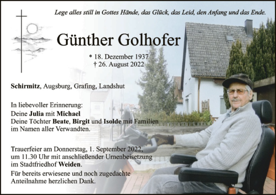 Traueranzeige von Günther Golhofer von Hauptausgabe Weiden