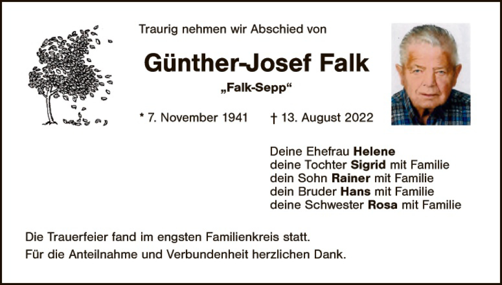  Traueranzeige für Günther-Josef Falk vom 20.08.2022 aus Hauptausgabe Amberg