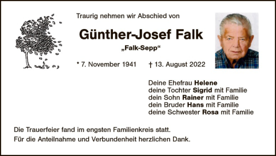 Traueranzeige von Günther-Josef Falk von Hauptausgabe Amberg