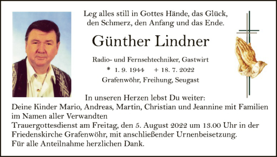 Traueranzeige von Günther Lindner von Hauptausgabe Weiden