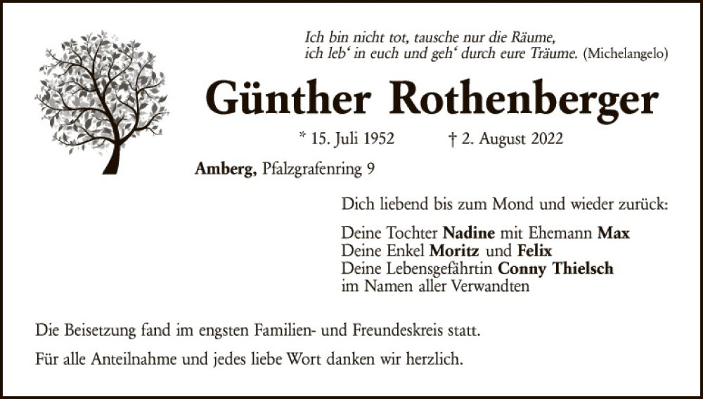  Traueranzeige für Günther Rothenberger vom 27.08.2022 aus Hauptausgabe Amberg
