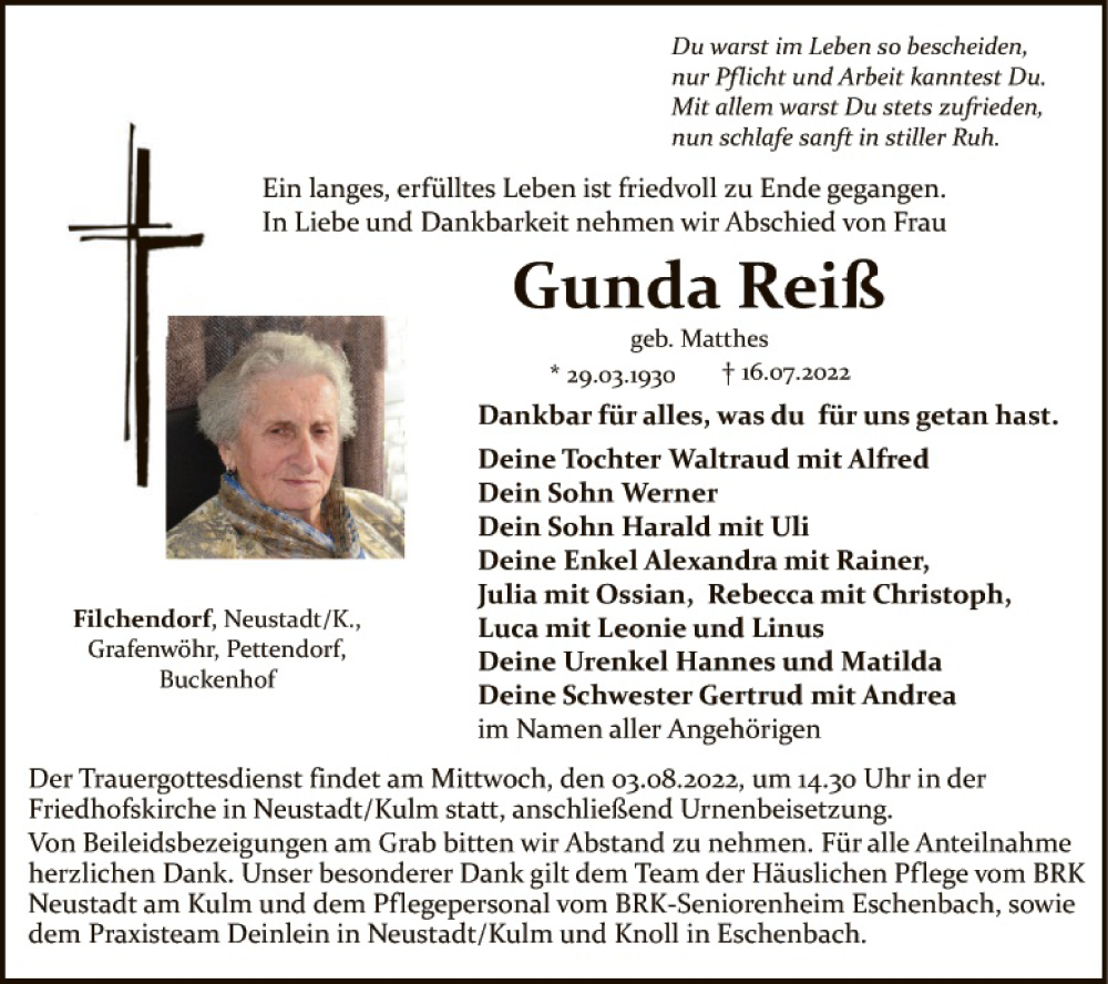  Traueranzeige für Gunda Reiß vom 30.07.2022 aus Tirschenreuth + Eschenbach - Kemnath - Erbendorf