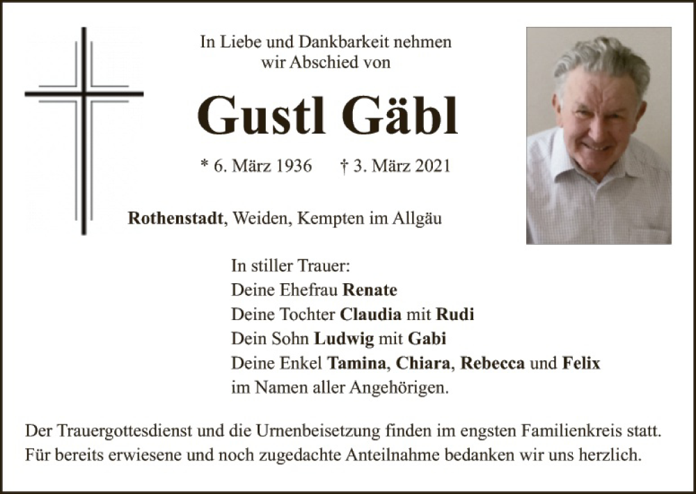  Traueranzeige für Gustl Gäbl vom 06.03.2021 aus Hauptausgabe Weiden