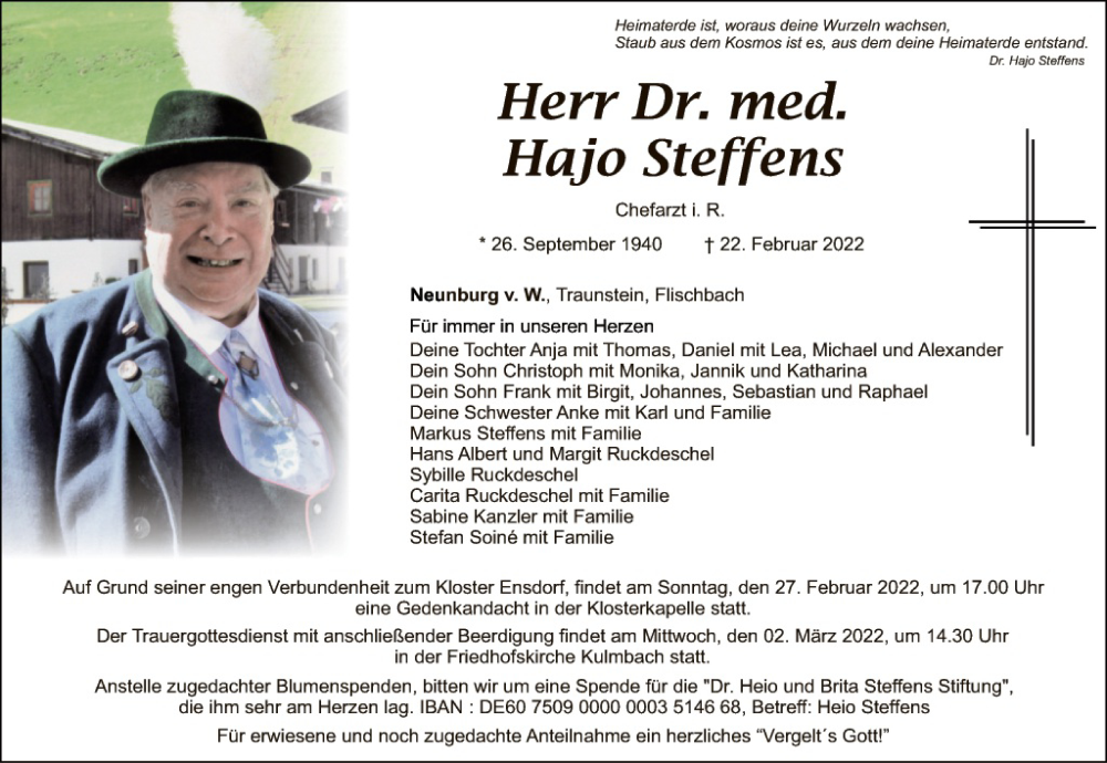  Traueranzeige für Hajo Steffens vom 26.02.2022 aus Landkreis Schwandorf