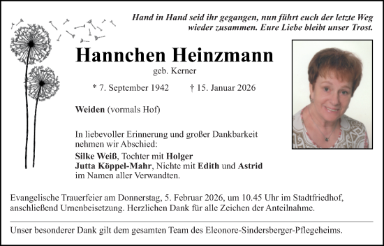 Traueranzeige von Hannchen Heinzmann von Hauptausgabe Weiden