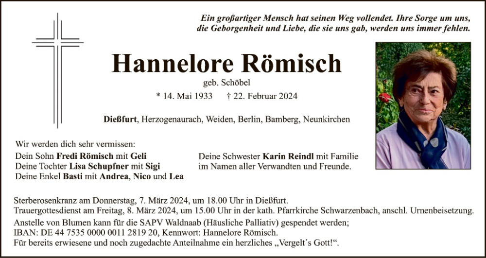  Traueranzeige für Hannelore Römisch vom 02.03.2024 aus Hauptausgabe Weiden