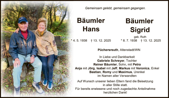 Traueranzeige von Hans Bäumler von Hauptausgabe Weiden