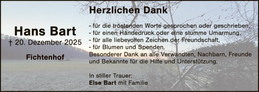  Traueranzeige für Hans Bart vom 17.01.2026 aus Hauptausgabe Amberg