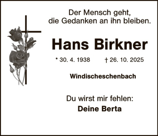 Traueranzeige von Hans Birkner von Hauptausgabe Weiden