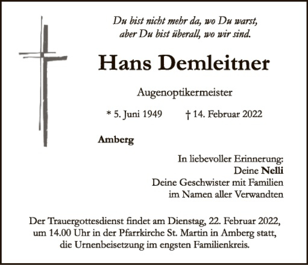  Traueranzeige für Hans Demleitner vom 18.02.2022 aus Hauptausgabe Amberg
