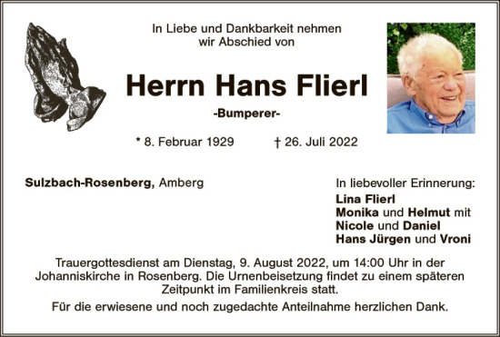 Traueranzeige von Hans Flierl von Hauptausgabe Amberg