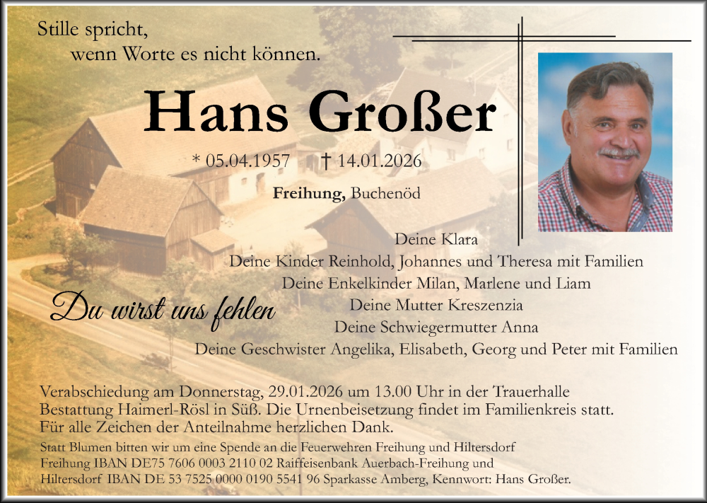  Traueranzeige für Hans Großer vom 24.01.2026 aus Hauptausgabe Amberg